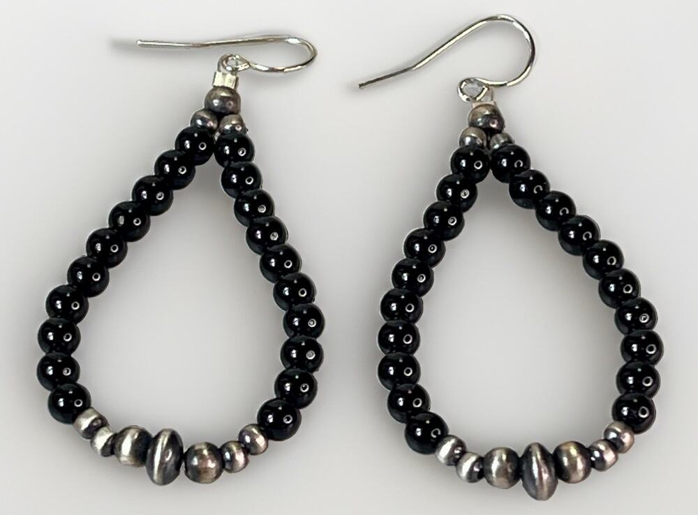 Southwestern Black Onyx Sterling Silver Desert Pearl Dangle Earrings